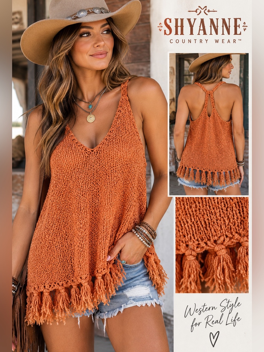 Shyanne Knit Fringe Tank Top XXL Rust Orange Crochet Boho Western Festival